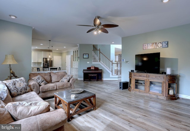 6224 Parkview Ct, Elkridge, MD 21075 - living room with stairs, light wood finished floors, recessed lighting, a ceiling fan, and baseboards