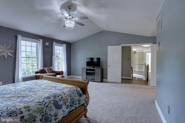 6224 Parkview Ct, Elkridge, MD 21075 - bedroom featuring carpet floors, lofted ceiling, baseboards, and ceiling fan