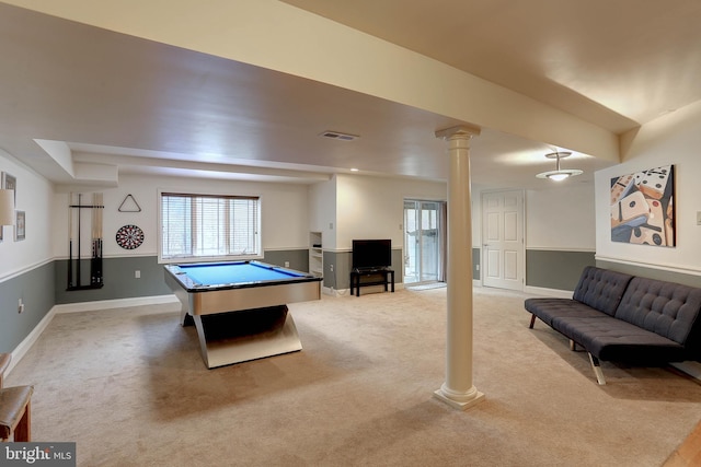 6224 Parkview Ct, Elkridge, MD 21075 - playroom with decorative columns, billiards, light colored carpet, and baseboards