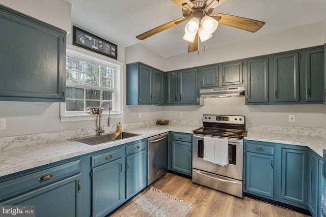 19446 Heather Ln, Orange, VA 22960 - kitchen featuring stainless steel appliances, a sink, under cabinet range hood, a ceiling fan, and light countertops