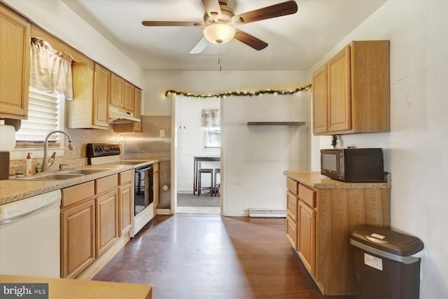 526 N 3rd St, Wormleysburg, PA 17043 - kitchen featuring white appliances, under cabinet range hood, a sink, ceiling fan, and light countertops