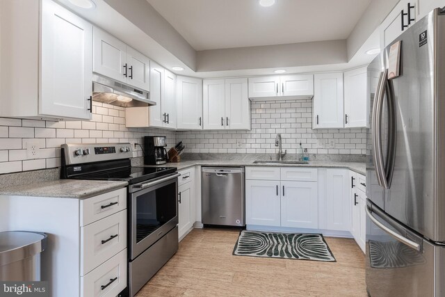 21008 Strawrick Ter, Ashburn, VA 20147 - kitchen with appliances with stainless steel finishes, under cabinet range hood, a sink, backsplash, and white cabinets