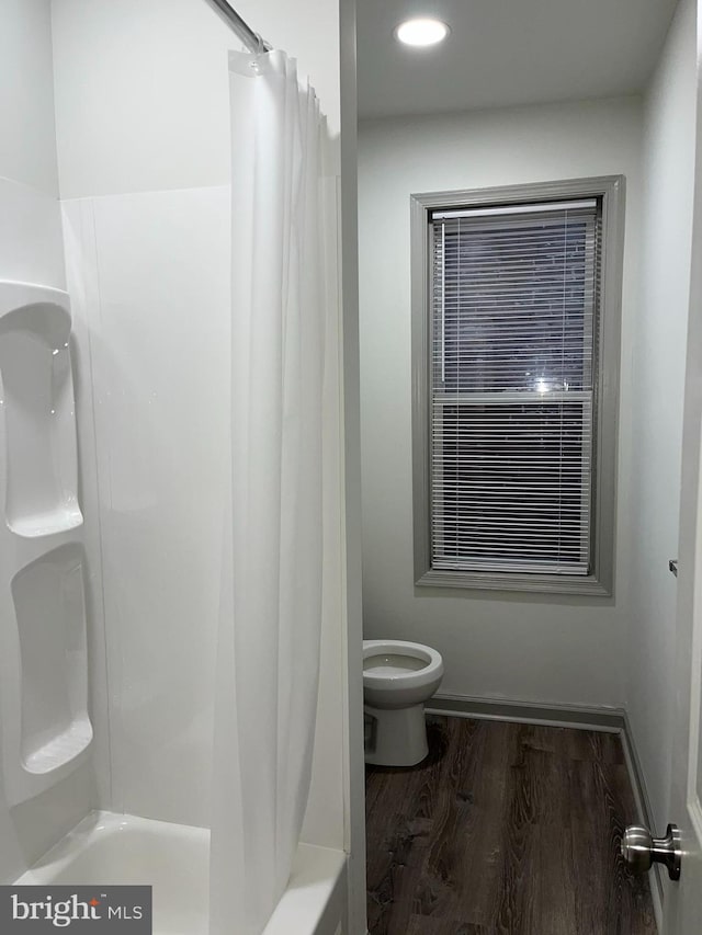 11 S Franklin St, Pottstown, PA 19464 - full bathroom featuring toilet, shower / bath combo with shower curtain, wood finished floors, and recessed lighting