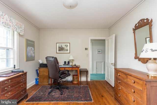 114 Bellemore Rd, Baltimore, MD 21210 - office area featuring wood finished floors, ornamental molding, and baseboards