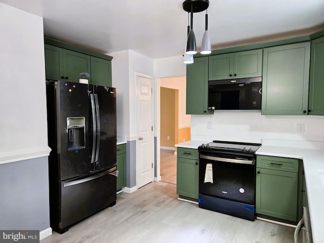 10920 Oakcrest Cir, New Market, MD 21774 - kitchen featuring green cabinets, black appliances, and light wood-style floors