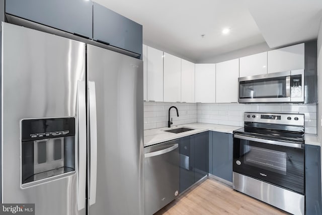 2639 Cecil B Moore Ave, Philadelphia, PA 19121 - kitchen featuring appliances with stainless steel finishes, a sink, decorative backsplash, white cabinetry, and light wood-style flooring