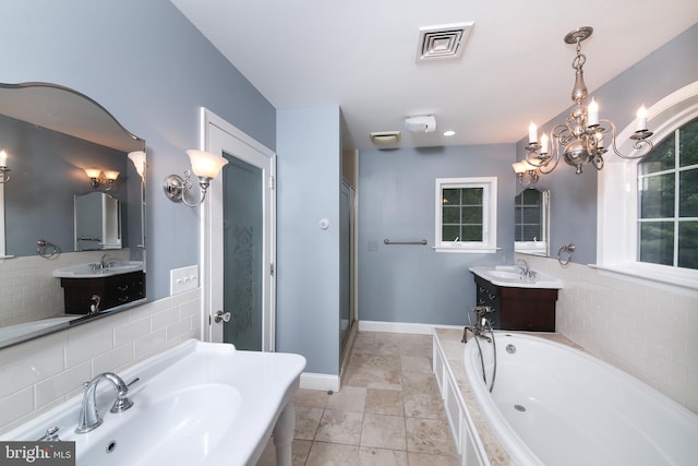3195 Pelham Pl, Doylestown, PA 18902 - full bath featuring a bath, a chandelier, two vanities, a stall shower, and baseboards