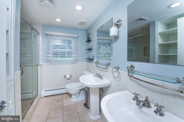 3195 Pelham Pl, Doylestown, PA 18902 - bathroom with a baseboard radiator, tile walls, a shower stall, toilet, and recessed lighting