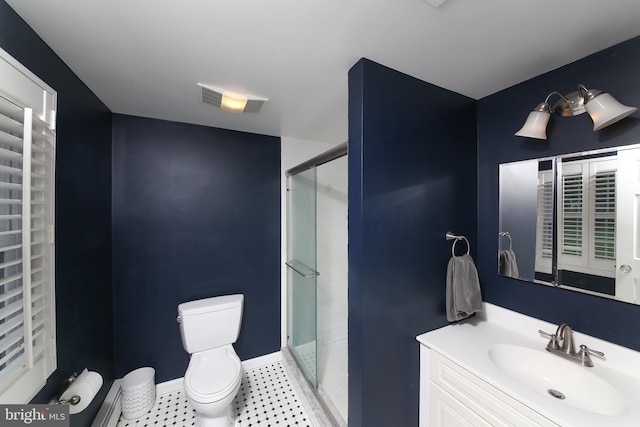 3195 Pelham Pl, Doylestown, PA 18902 - bathroom featuring toilet, a shower stall, vanity, baseboards, and tile patterned flooring