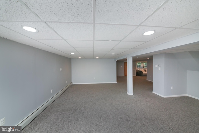 3195 Pelham Pl, Doylestown, PA 18902 - below grade area featuring carpet, a baseboard radiator, recessed lighting, baseboards, and a paneled ceiling