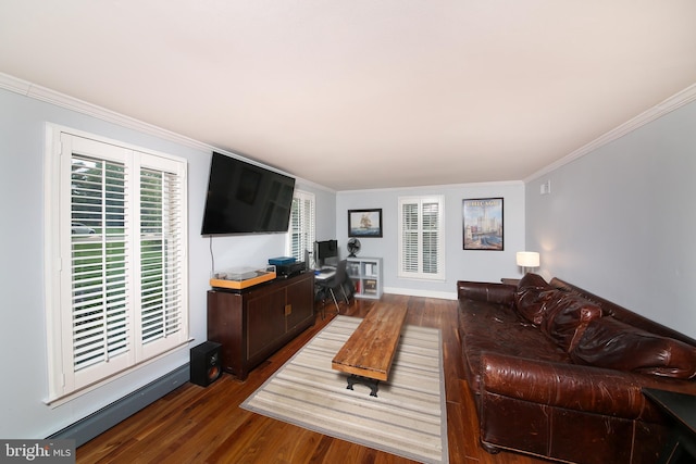 3195 Pelham Pl, Doylestown, PA 18902 - living area featuring wood finished floors, ornamental molding, an office area, and baseboards