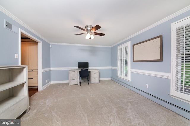 3195 Pelham Pl, Doylestown, PA 18902 - home office with ceiling fan, ornamental molding, carpet floors, baseboards, and baseboard heating