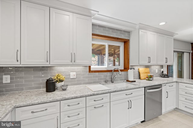 10060 Hampton Rd, Fairfax Station, VA 22039 - kitchen with dishwasher, white cabinets, tasteful backsplash, light stone counters, and recessed lighting