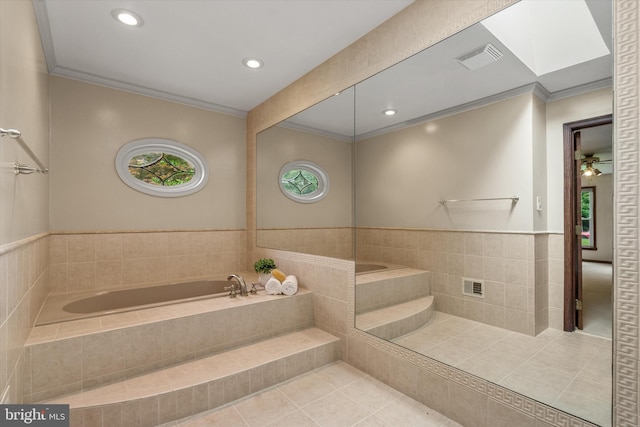 10060 Hampton Rd, Fairfax Station, VA 22039 - bathroom with a bath, tile patterned floors, ornamental molding, recessed lighting, and ceiling fan
