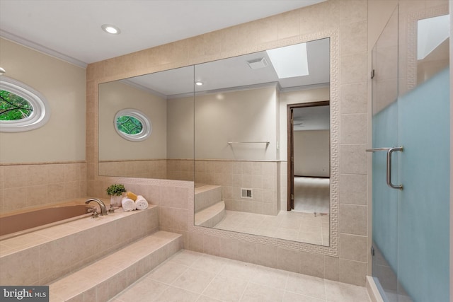 10060 Hampton Rd, Fairfax Station, VA 22039 - full bathroom with tile walls, ornamental molding, tile patterned flooring, a bath, and a shower stall