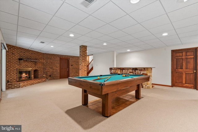 10060 Hampton Rd, Fairfax Station, VA 22039 - rec room featuring carpet, billiards table, a brick fireplace, recessed lighting, and a drop ceiling