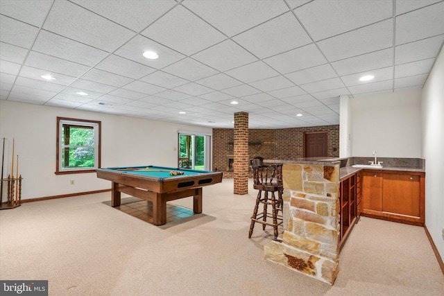 10060 Hampton Rd, Fairfax Station, VA 22039 - rec room with light colored carpet, pool table, bar with sink, a drop ceiling, and recessed lighting