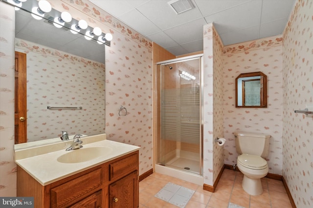 10060 Hampton Rd, Fairfax Station, VA 22039 - bathroom featuring a stall shower, vanity, tile patterned floors, and wallpapered walls