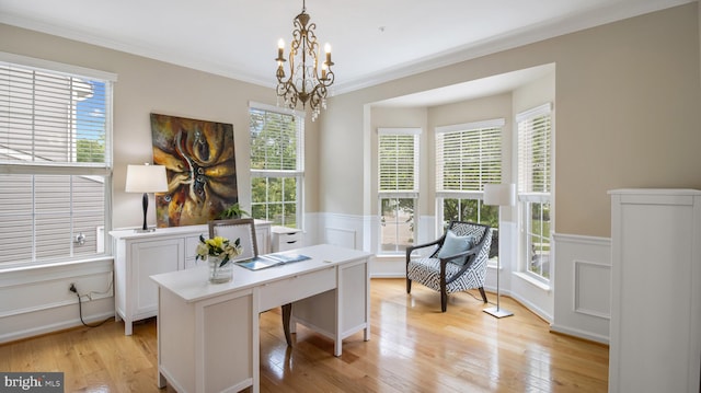 661 Claiborne Road, North East, MD 21901 - home office with ornamental molding, light wood-style flooring, wainscoting, a chandelier, and a decorative wall