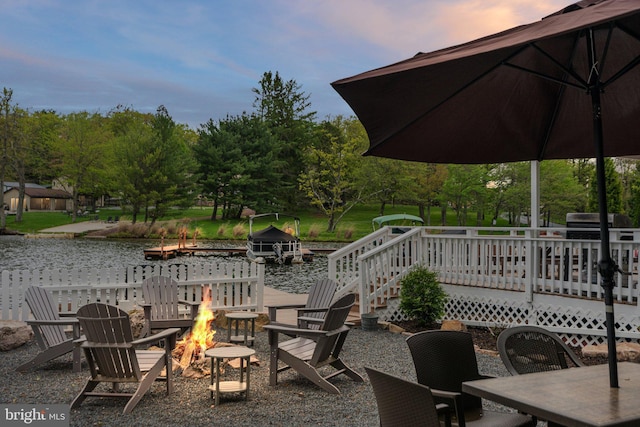 34 S Lake Dr, Lake Harmony, PA 18624 - view of patio featuring an outdoor fire pit and a deck with water view