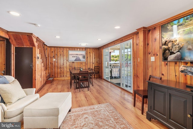 34 S Lake Dr, Lake Harmony, PA 18624 - living room with light wood-style flooring, wood walls, and recessed lighting