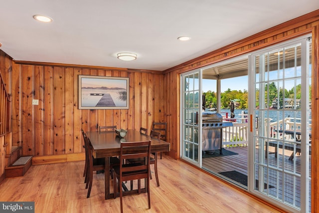 34 S Lake Dr, Lake Harmony, PA 18624 - dining space featuring light wood-type flooring, wooden walls, and recessed lighting
