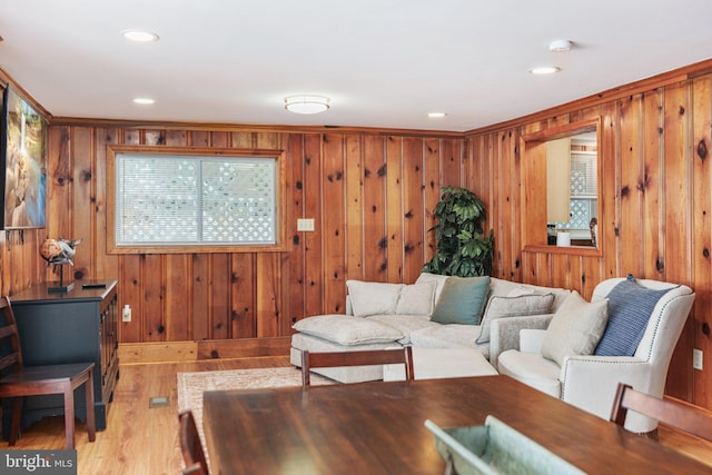 34 S Lake Dr, Lake Harmony, PA 18624 - living room featuring light wood-style floors, wooden walls, and recessed lighting