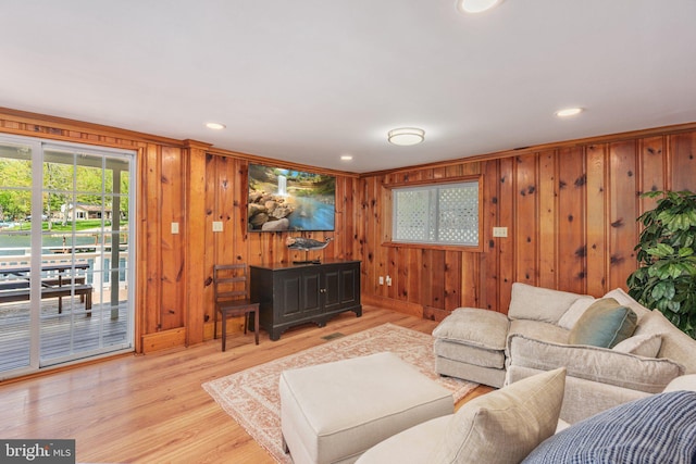 34 S Lake Dr, Lake Harmony, PA 18624 - living room featuring light wood-type flooring, wooden walls, and recessed lighting