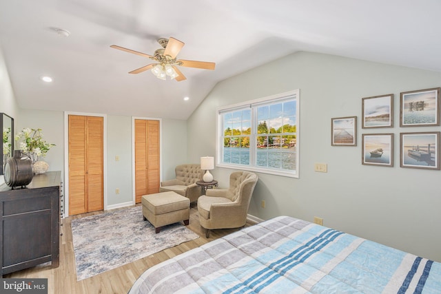 34 S Lake Dr, Lake Harmony, PA 18624 - bedroom with multiple closets, wood finished floors, lofted ceiling, baseboards, and recessed lighting