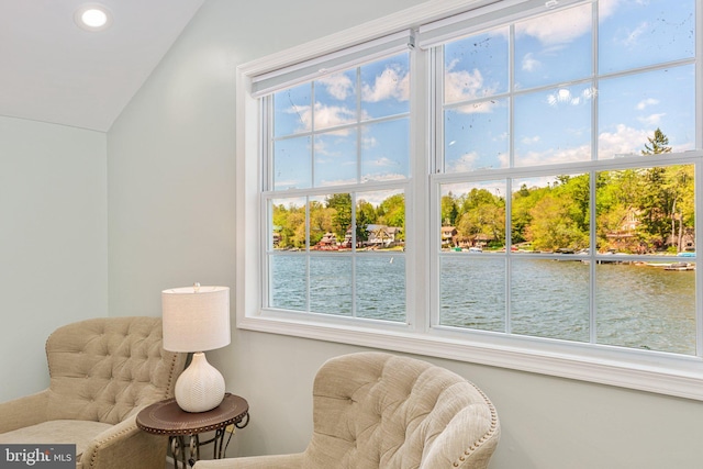 34 S Lake Dr, Lake Harmony, PA 18624 - sitting room with a water view, lofted ceiling, and recessed lighting