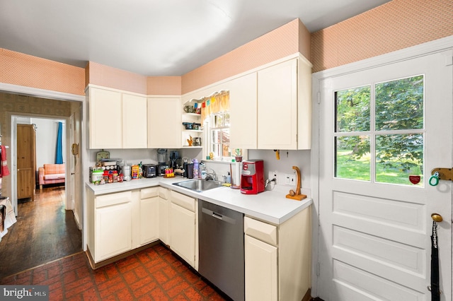 213 Rices Mill Rd, Wyncote, PA 19095 - kitchen with dishwasher, wallpapered walls, light countertops, open shelves, and white cabinets