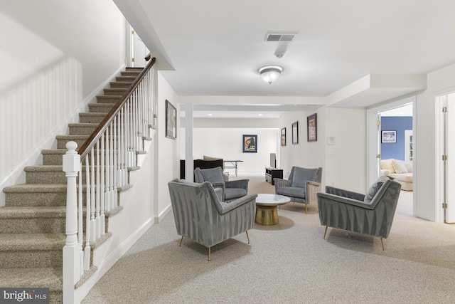 7 Chaville Way, Greenville, DE 19807 - living room featuring stairway, carpet flooring, and baseboards
