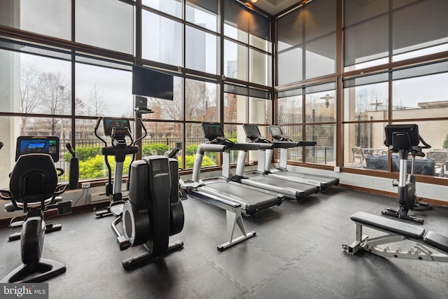 2429 Locust St Unit 504, Philadelphia, PA 19103 - exercise room featuring a towering ceiling and a wall of windows