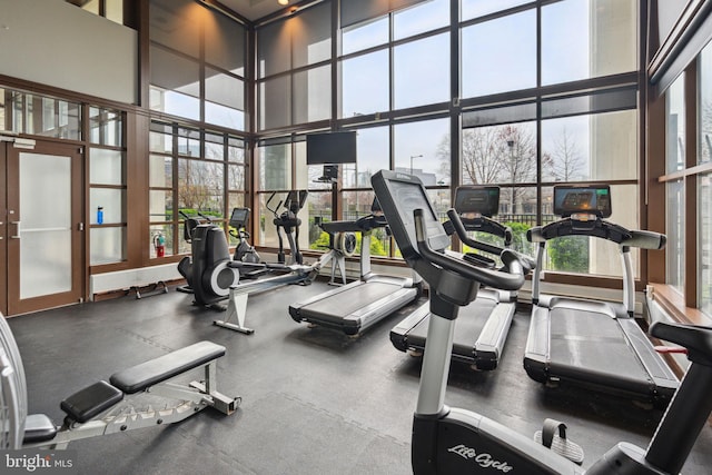 2429 Locust St Unit 504, Philadelphia, PA 19103 - exercise room with a towering ceiling, healthy amount of natural light, and french doors