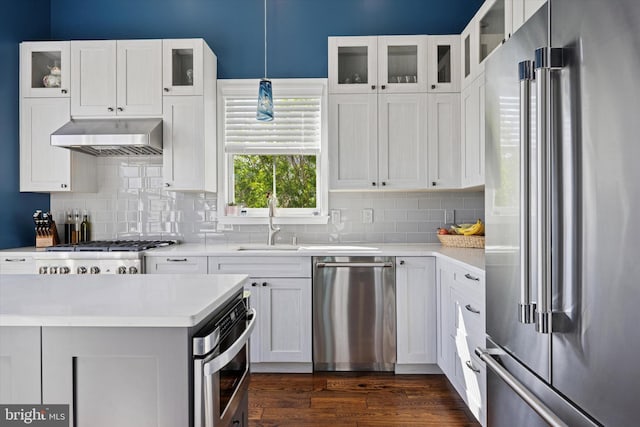 246 Honey Hollow Ln, Chalfont, PA 18914 - kitchen with appliances with stainless steel finishes, under cabinet range hood, light countertops, white cabinetry, and backsplash