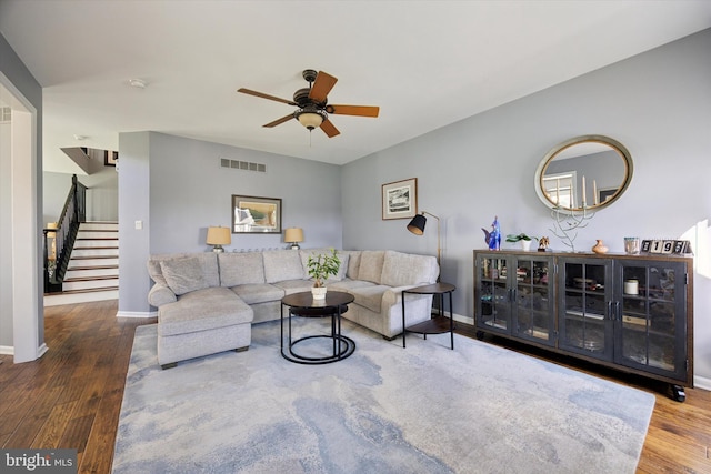 246 Honey Hollow Ln, Chalfont, PA 18914 - living room with ceiling fan, wood finished floors, stairs, and baseboards