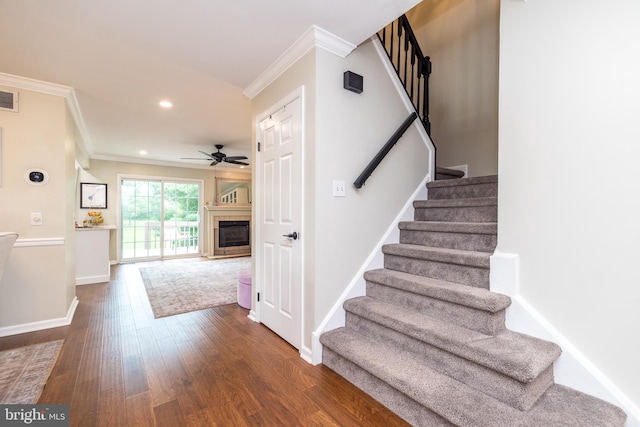 534 Country Club Dr, Lansdale, PA 19446 - stairs featuring ornamental molding, ceiling fan, wood finished floors, a fireplace, and baseboards