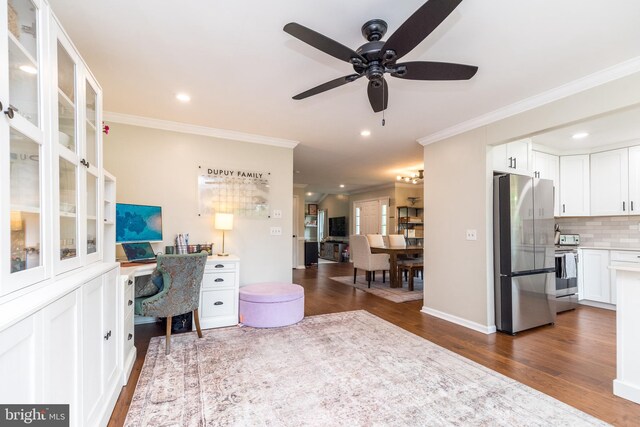 534 Country Club Dr, Lansdale, PA 19446 - home office with a ceiling fan, dark wood-style flooring, ornamental molding, recessed lighting, and baseboards