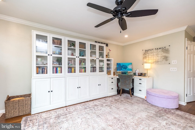 534 Country Club Dr, Lansdale, PA 19446 - office space with ceiling fan, crown molding, wood finished floors, baseboards, and recessed lighting