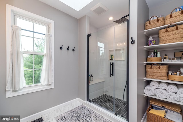 534 Country Club Dr, Lansdale, PA 19446 - bathroom with baseboards, healthy amount of natural light, a stall shower, marble look tiles, and recessed lighting