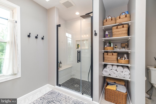 534 Country Club Dr, Lansdale, PA 19446 - bathroom featuring baseboards, a stall shower, toilet, and marble finish floors