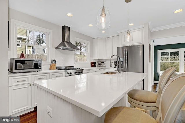 11214 Midvale Rd, Kensington, MD 20895 - kitchen with appliances with stainless steel finishes, wall chimney range hood, a sink, tasteful backsplash, and white cabinetry