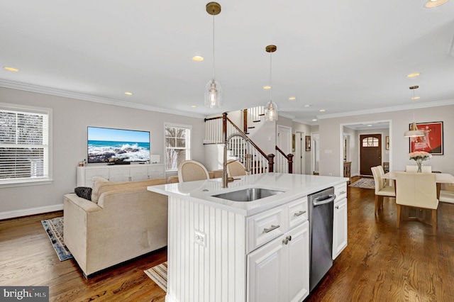 11214 Midvale Rd, Kensington, MD 20895 - kitchen with open floor plan, a sink, stainless steel dishwasher, dark wood finished floors, and white cabinetry