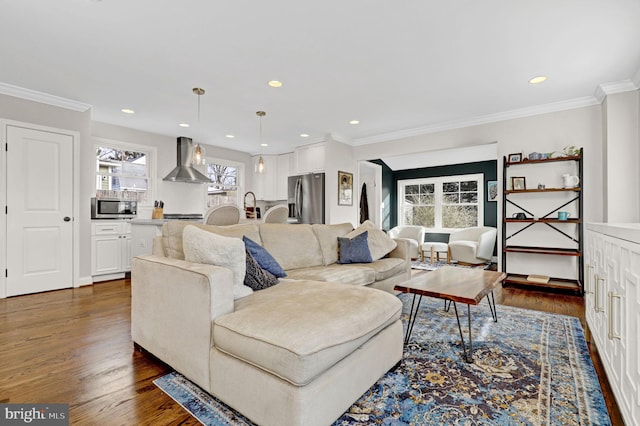 11214 Midvale Rd, Kensington, MD 20895 - living area featuring dark wood-style flooring, crown molding, and recessed lighting