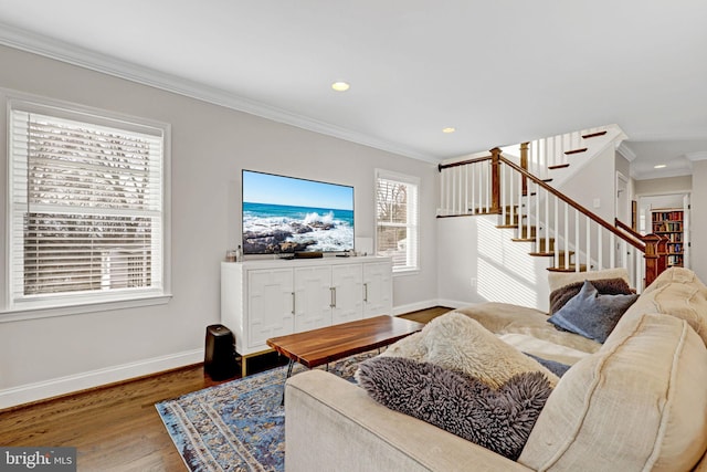 11214 Midvale Rd, Kensington, MD 20895 - living room featuring stairway, crown molding, baseboards, wood finished floors, and recessed lighting