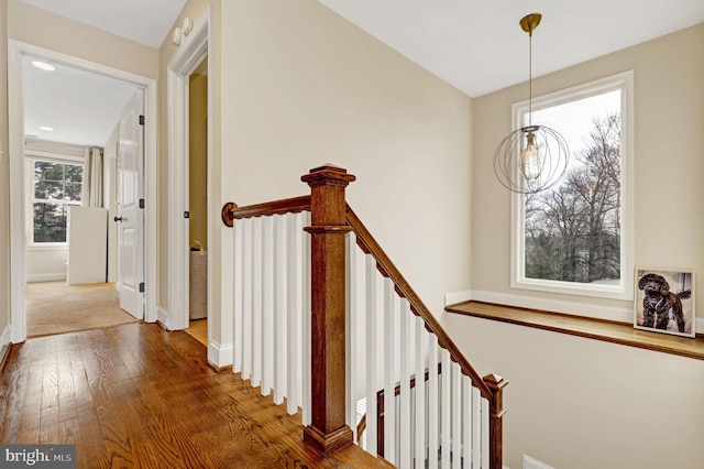 11214 Midvale Rd, Kensington, MD 20895 - hallway with an upstairs landing, hardwood / wood-style flooring, and baseboards