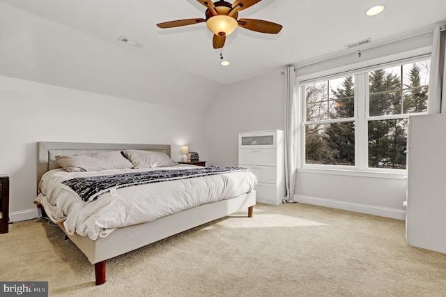 11214 Midvale Rd, Kensington, MD 20895 - bedroom with light colored carpet, recessed lighting, lofted ceiling, baseboards, and a ceiling fan