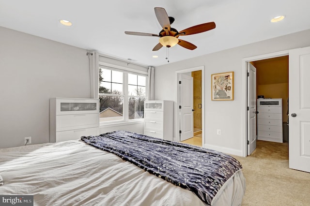 11214 Midvale Rd, Kensington, MD 20895 - bedroom featuring light colored carpet, recessed lighting, ceiling fan, baseboards, and connected bathroom