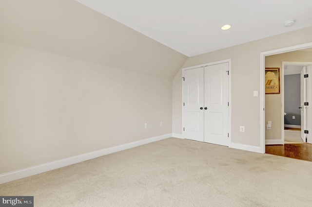 11214 Midvale Rd, Kensington, MD 20895 - unfurnished bedroom with carpet flooring, baseboards, recessed lighting, a closet, and vaulted ceiling
