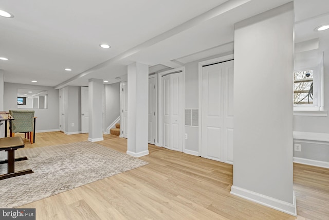 11214 Midvale Rd, Kensington, MD 20895 - below grade area with light wood finished floors, baseboards, stairs, and recessed lighting